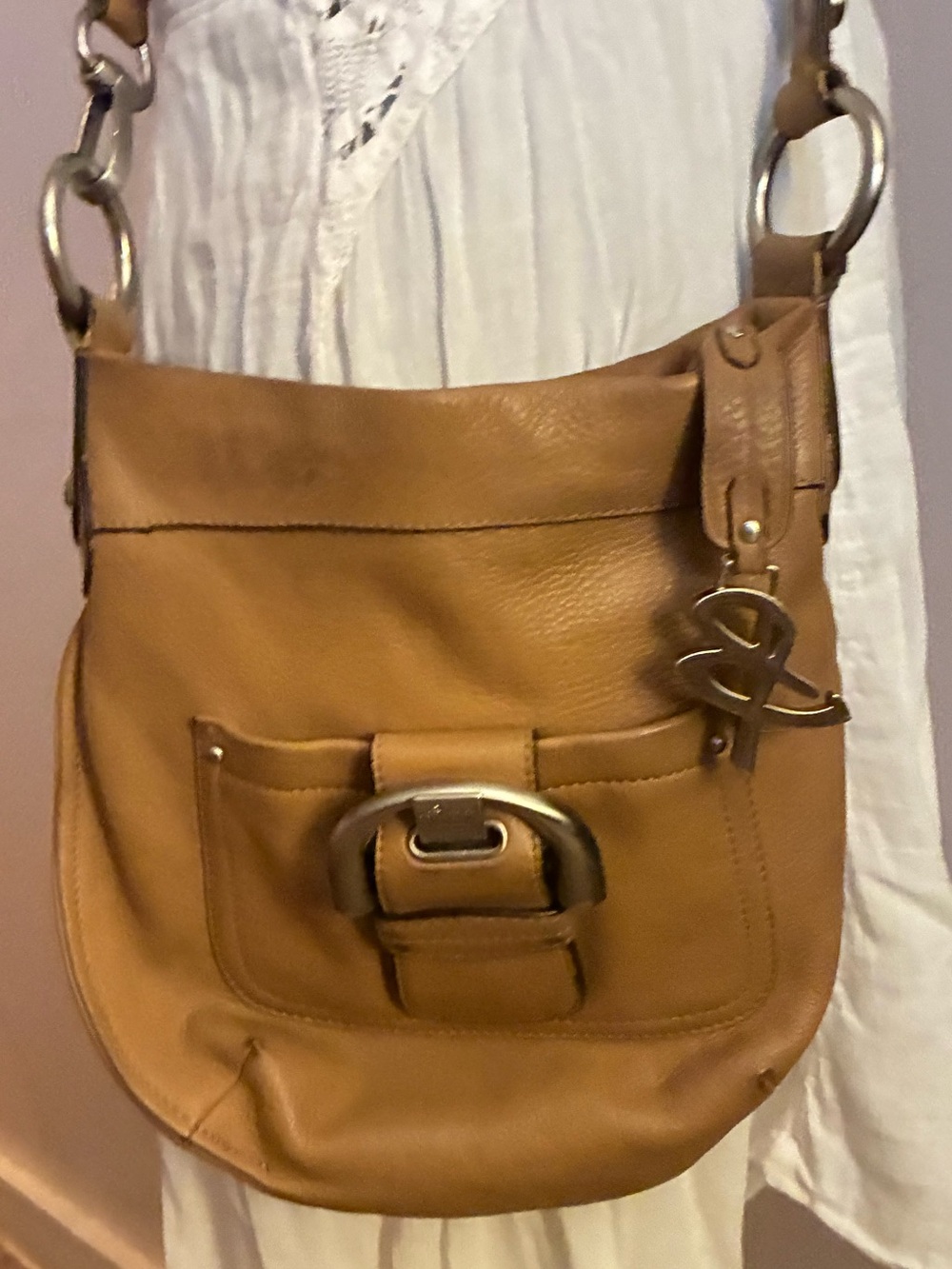 B Makowsky Classic Tan Leather Shoulder Bag with Front Buckle